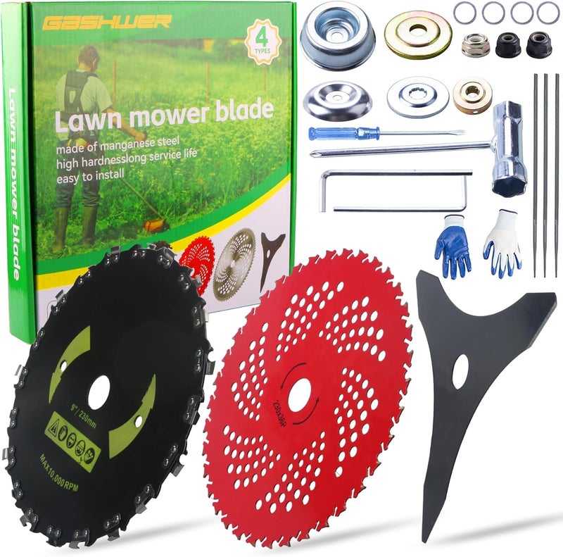 Azushwer 9" x 36 Teeth Carbide Tipped Blades & 9" x20T Carbon Steel Round Chainsaw Tooth Brush Blades & 10" x 3 Teeth Carbon Blades with Adapter Kit - Image 1